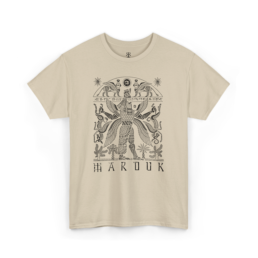 A beige T-shirt with a gold-colored illustration of Marduk, the Babylonian god, and his symbols on the front.