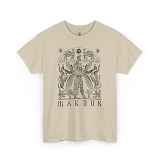 A beige T-shirt with a gold-colored illustration of Marduk, the Babylonian god, and his symbols on the front.