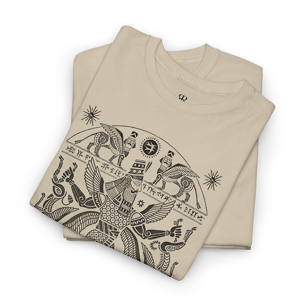 A beige T-shirt with a gold-colored illustration of Marduk, the Babylonian god, and his symbols on the front.