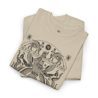 A beige T-shirt with a gold-colored illustration of Marduk, the Babylonian god, and his symbols on the front.
