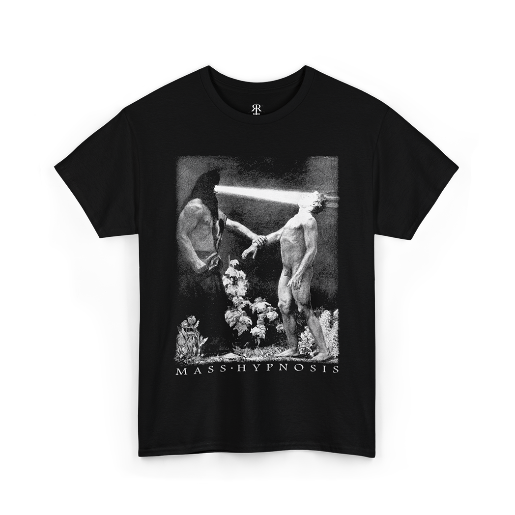 Black t-shirt with a graphic design pf Hypnos and 'Mass Hypnosis' written below