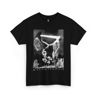 Black t-shirt with a graphic design pf Hypnos and 'Mass Hypnosis' written below
