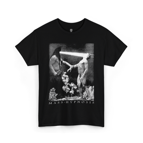 Black t-shirt with a graphic design pf Hypnos and 'Mass Hypnosis' written below