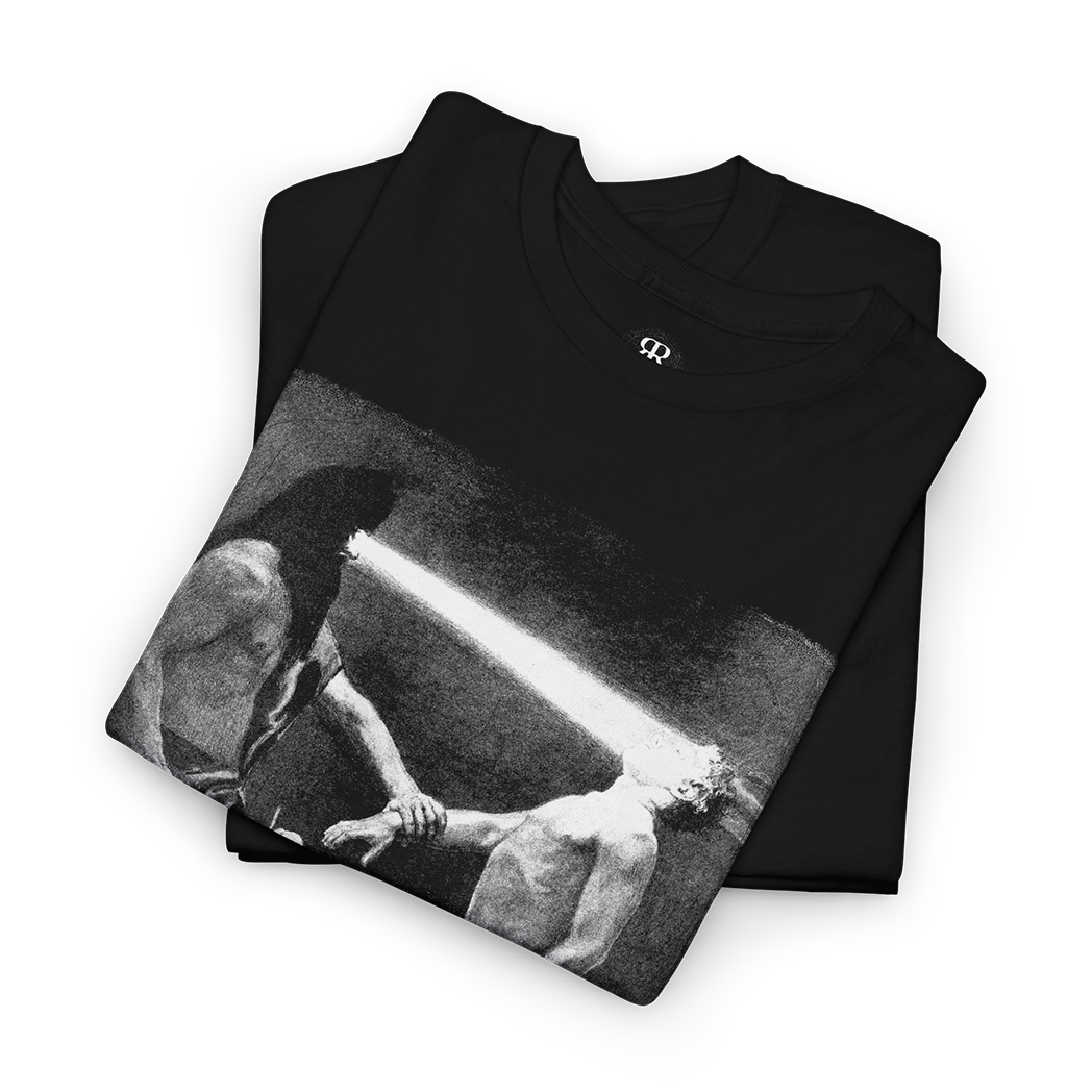 Black t-shirt with a graphic design pf Hypnos and 'Mass Hypnosis' written below
