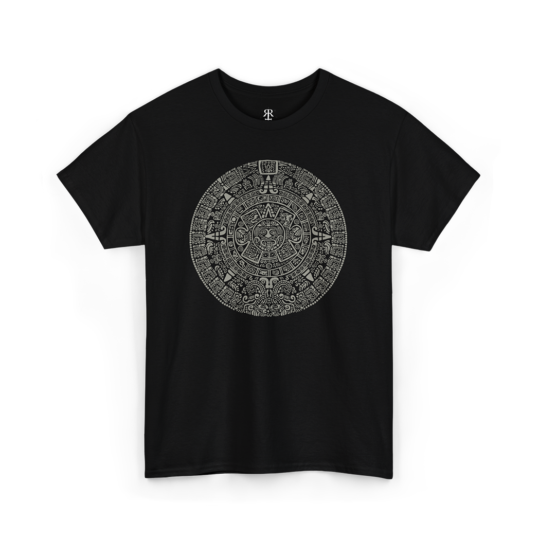 A black t-shirt with a detailed gray and white mayan calendar design in the center.