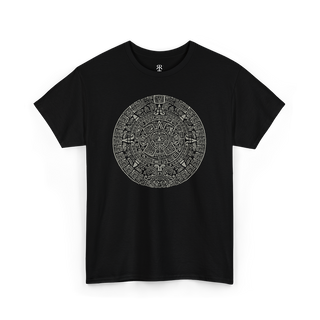 A black t-shirt with a detailed gray and white mayan calendar design in the center.