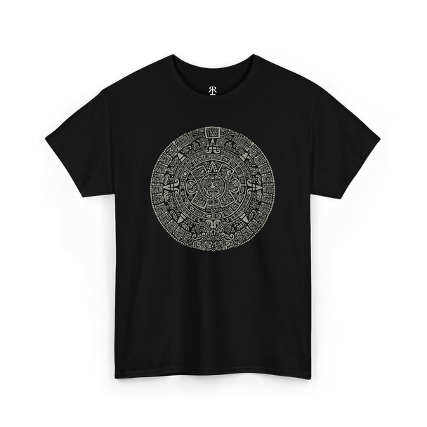 A black t-shirt with a detailed gray and white mayan calendar design in the center.