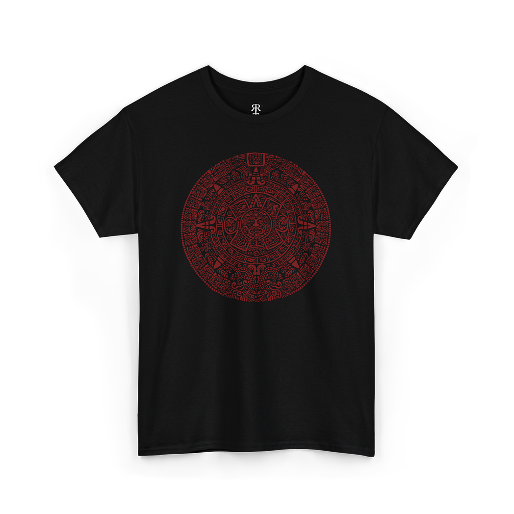 A black t-shirt with a detailed gray and red mayan calendar design in the center.
