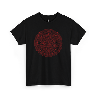 A black t-shirt with a detailed gray and red mayan calendar design in the center.