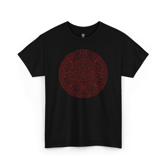 A black t-shirt with a detailed gray and red mayan calendar design in the center.