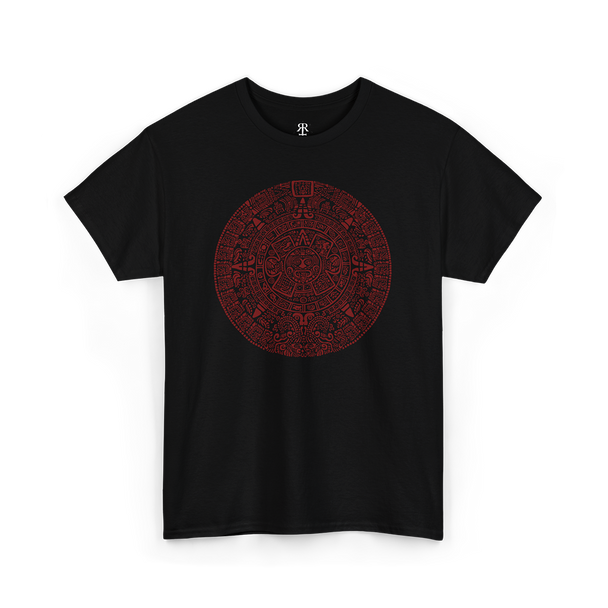 A black t-shirt with a detailed gray and red mayan calendar design in the center.