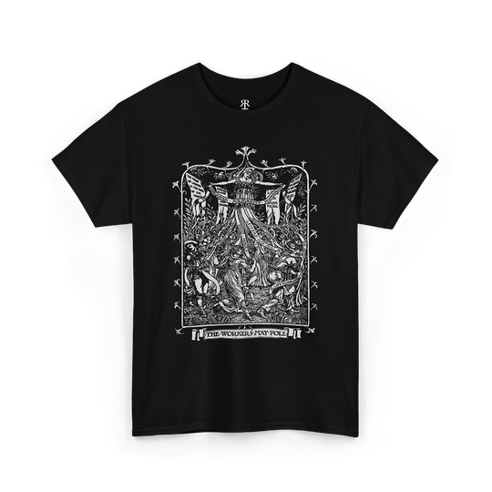 Workers Maypole T-shirt showing Walter Crane’s Maypole illustration with workers dancing around a maypole