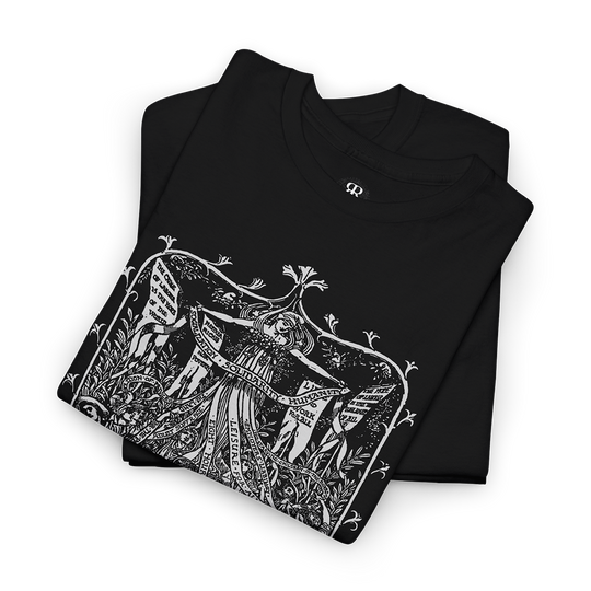 Workers Maypole T-shirt showing Walter Crane’s Maypole illustration with workers dancing around a maypole