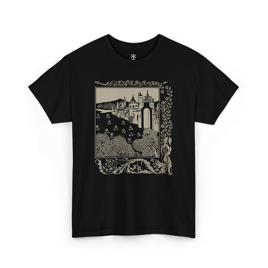 A black t-shirt featuring a printed design with a medieval castle and surrounding landscape.