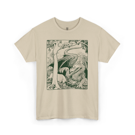 A beige t-shirt with a medieval dragon woodcut print on the front.