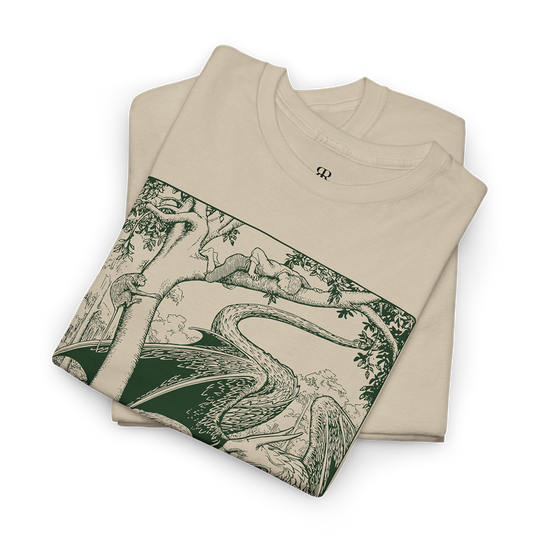 A beige t-shirt with a medieval dragon woodcut print on the front.