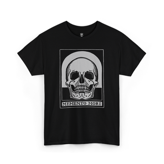Black T-shirt with a white skull design and the text 'MEMENTO MORI' below it.