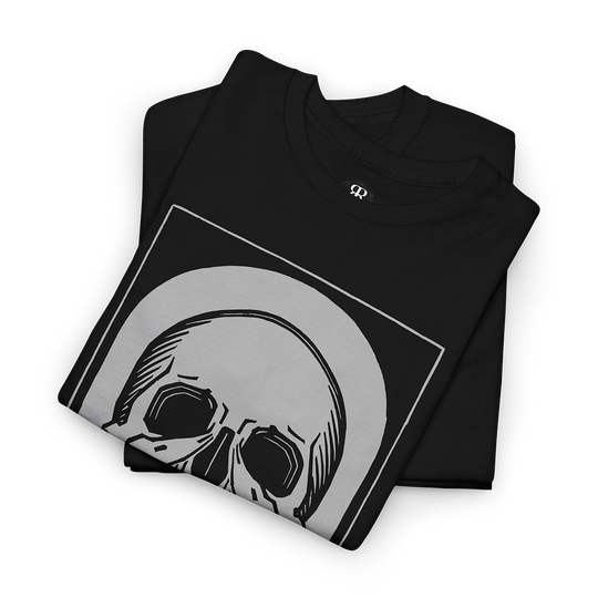 Black T-shirt with a white skull design and the text 'MEMENTO MORI' below it.