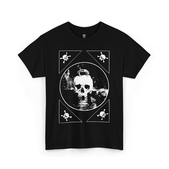 Black t-shirt with a human skull and toad design