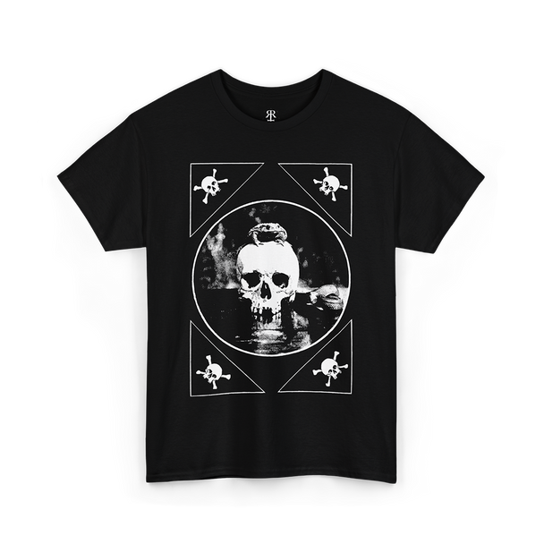 Black t-shirt with a human skull and toad design