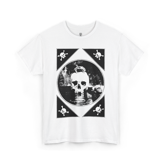 White t-shirt with a human skull and toad design