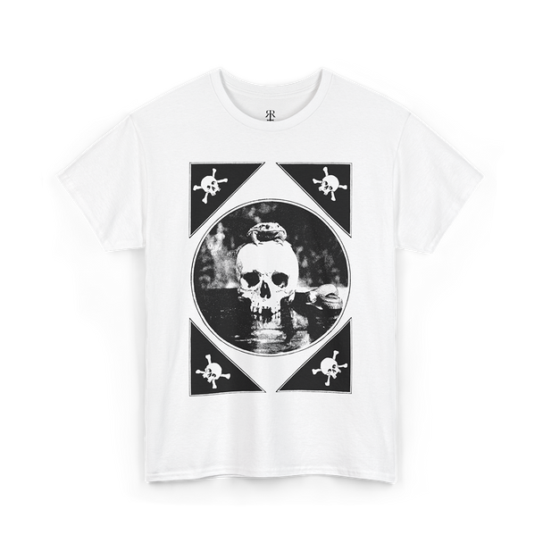 White t-shirt with a human skull and toad design