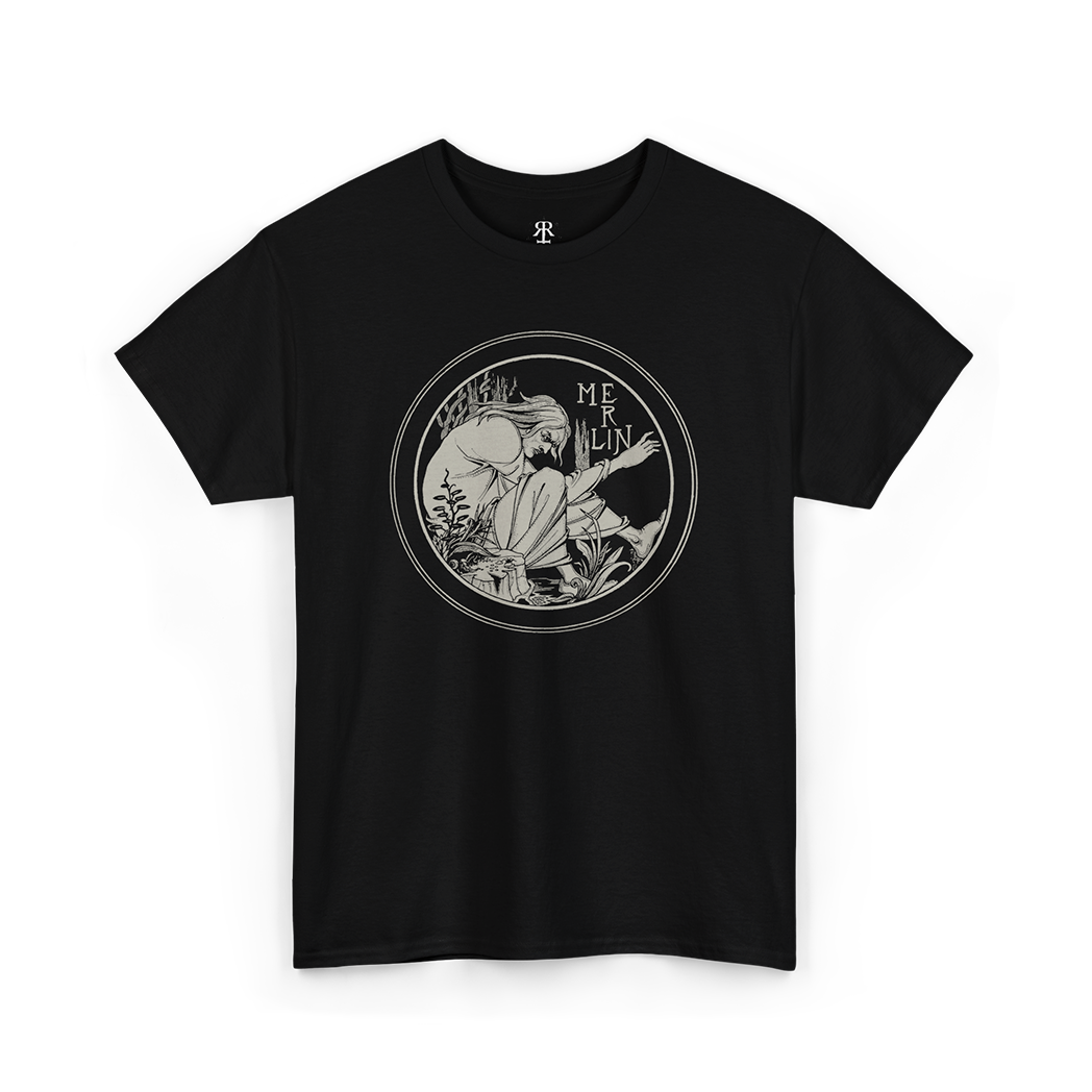 Black T-shirt with a graphic print of Merlin, the enigmatic wizard