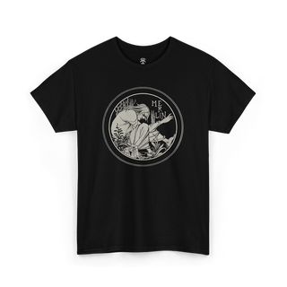Black T-shirt with a graphic print of Merlin, the enigmatic wizard