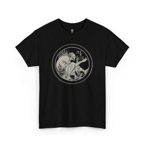 Black T-shirt with a graphic print of Merlin, the enigmatic wizard