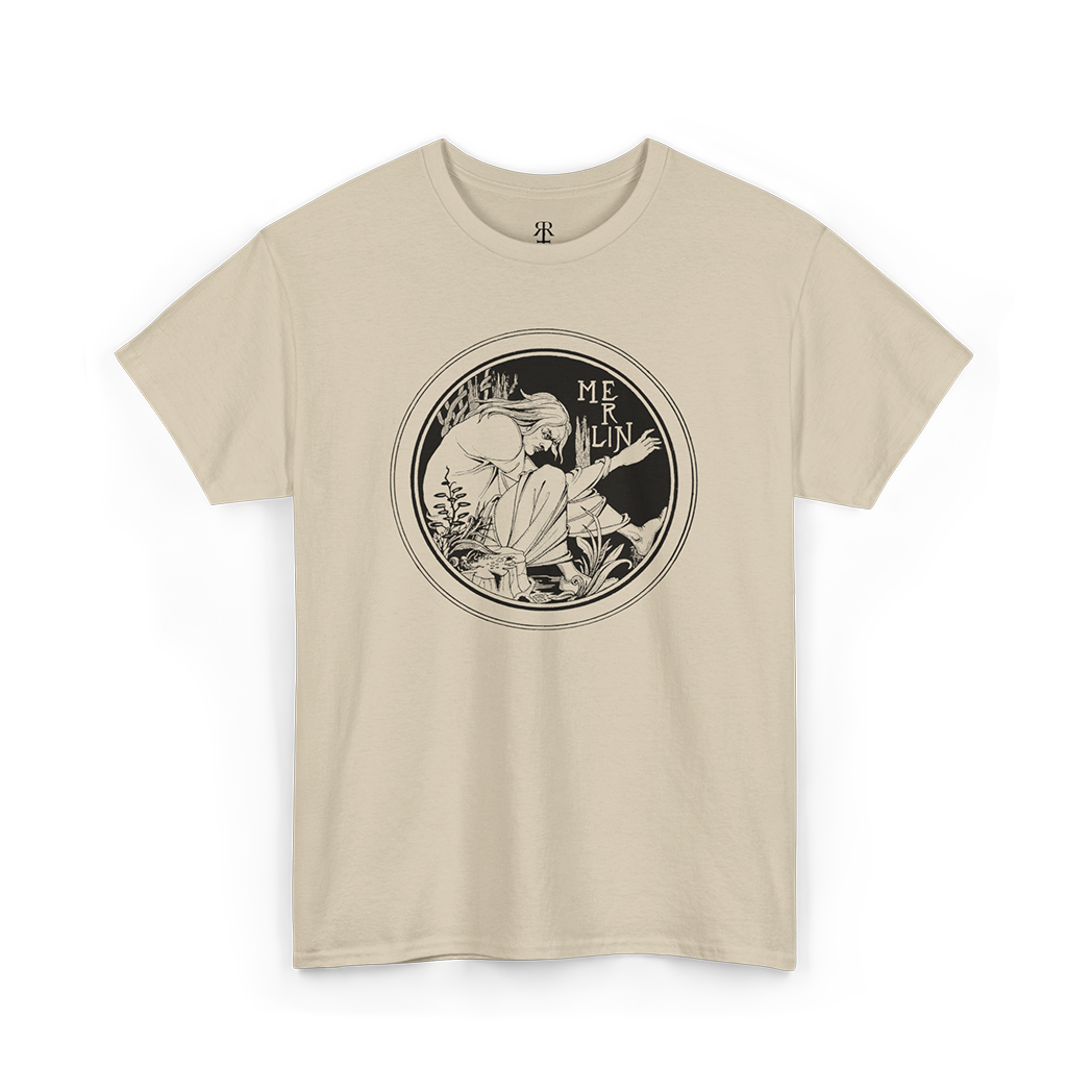 Sand T-shirt with a graphic print of Merlin, the enigmatic wizard