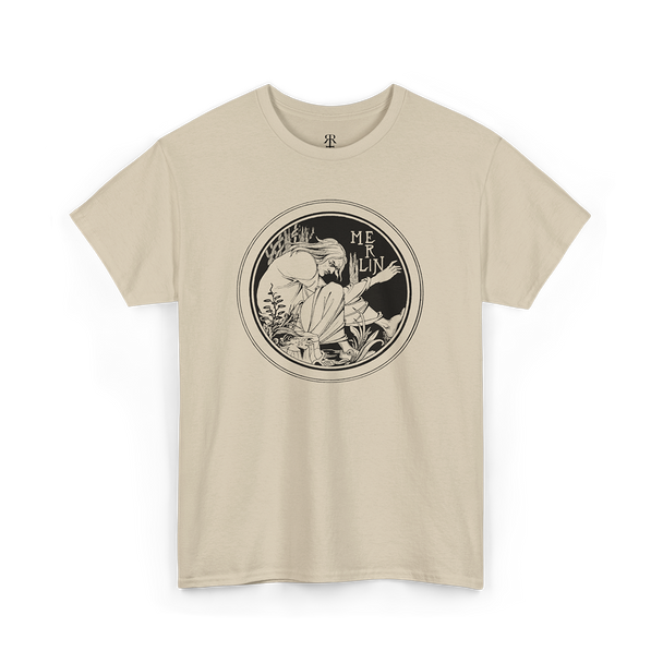 Sand T-shirt with a graphic print of Merlin, the enigmatic wizard
