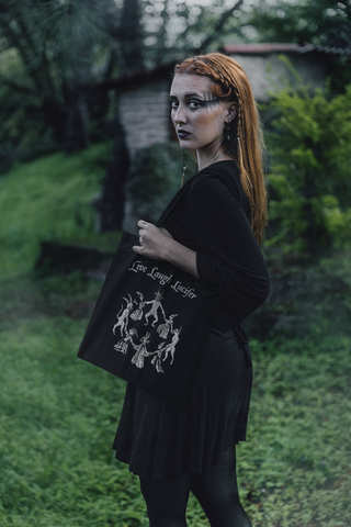 Live Laugh Lucifer' tote bag, 100% cotton, 15" x 16", heavy fabric, black with occult design