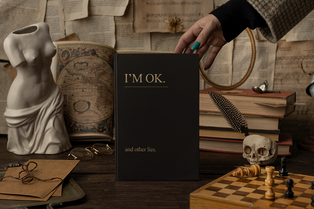 I'm OK And Other Lies' hardcover journal, matte finish, 150 lined pages, perforated, 5.75" x 8", casewrap binding