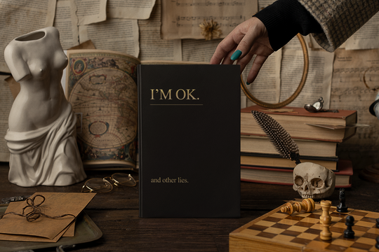 I'm OK And Other Lies' hardcover journal, matte finish, 150 lined pages, perforated, 5.75" x 8", casewrap binding