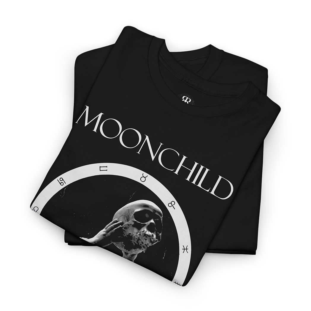 Black t-shirt showing astrological circle with child holding a skull in a middle, above it it says Moonchild