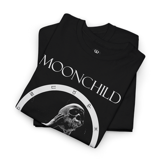 Black t-shirt showing astrological circle with child holding a skull in a middle, above it it says Moonchild