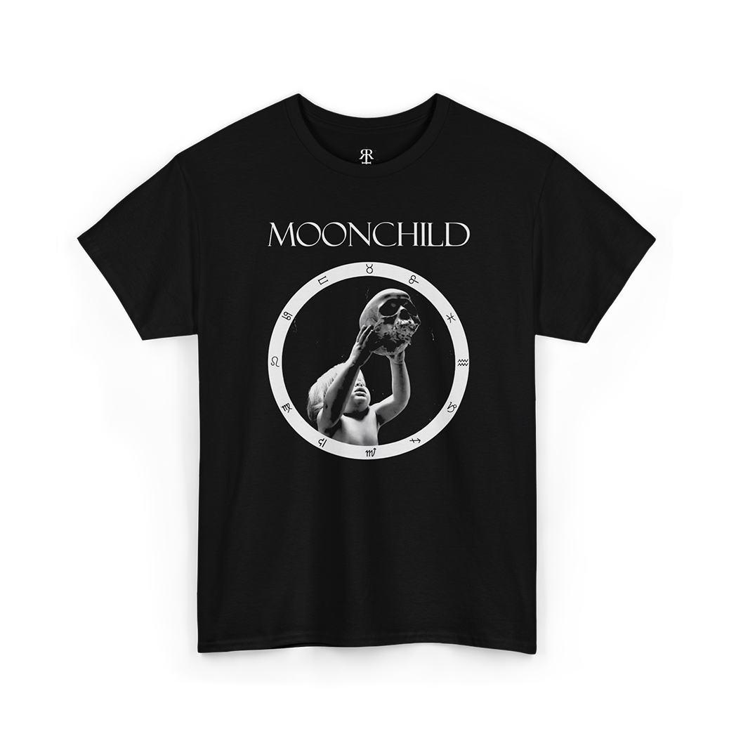 Black t-shirt showing astrological circle with child holding a skull in a middle, above it it says Moonchild