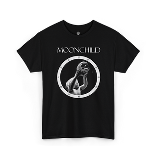 Black t-shirt showing astrological circle with child holding a skull in a middle, above it it says Moonchild