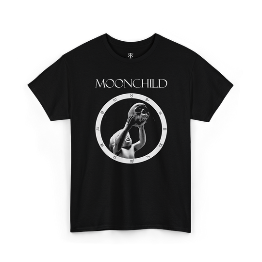 Black t-shirt showing astrological circle with child holding a skull in a middle, above it it says Moonchild