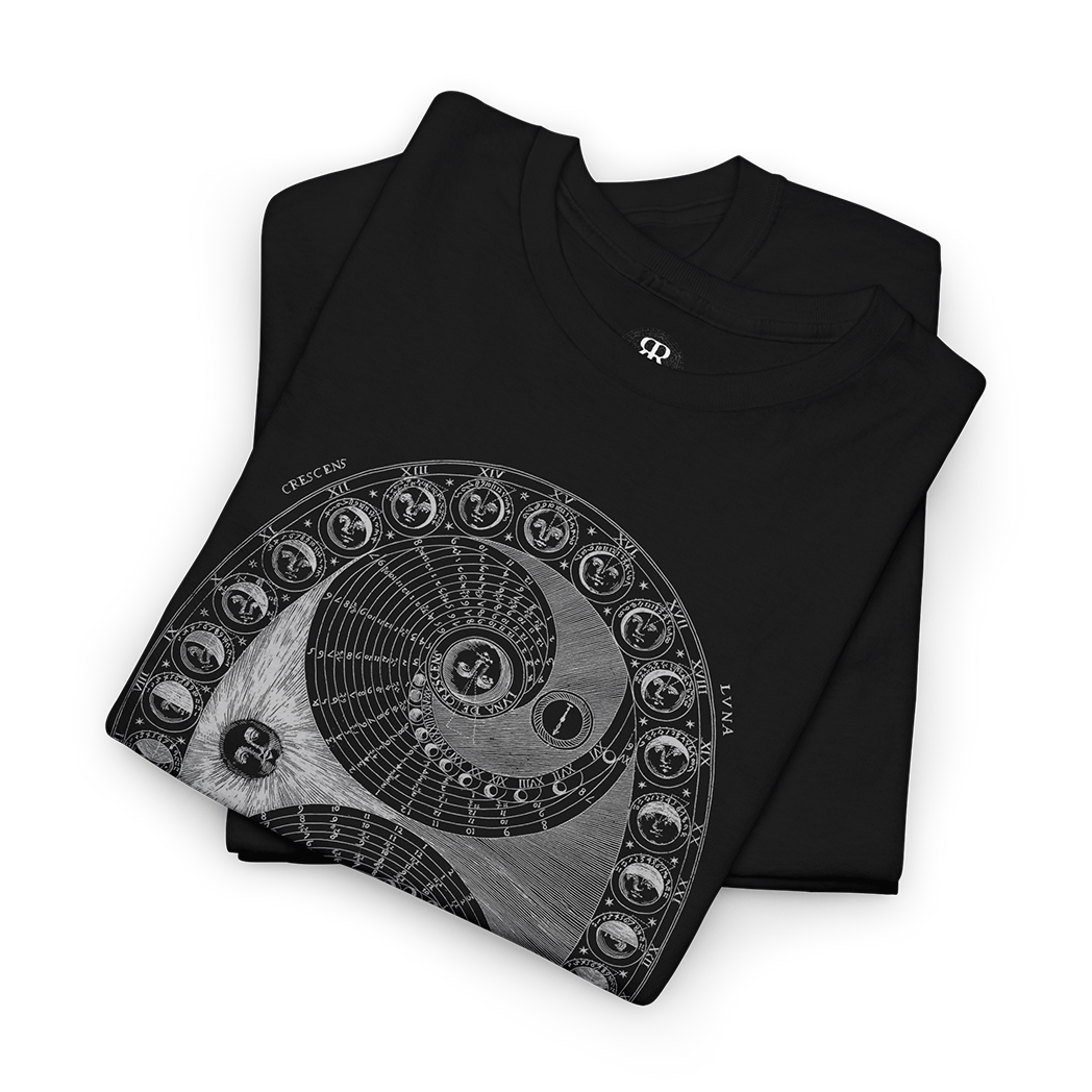 Astronomical and astrological illustration from 1600s by Athanasius Kircher, moon phases, black t-shirt
