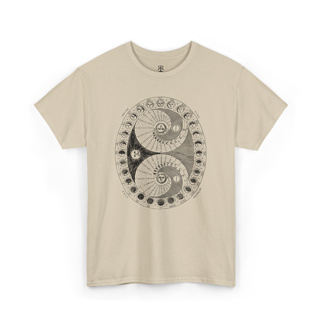 Astronomical and astrological illustration from 1600s by Athanasius Kircher, moon phases, beige t-shirt