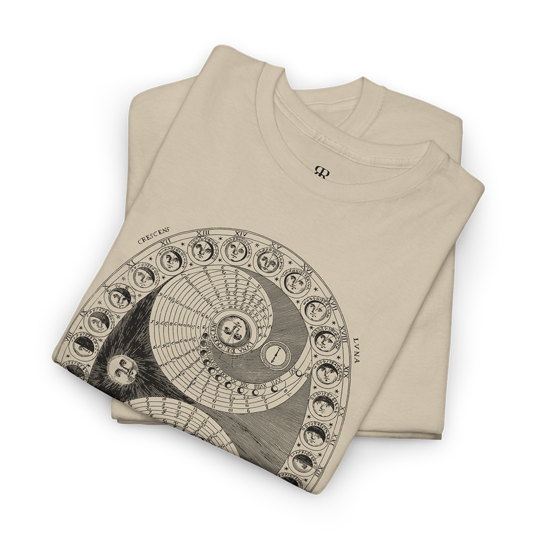 Astronomical and astrological illustration from 1600s by Athanasius Kircher, moon phases, beige t-shirt