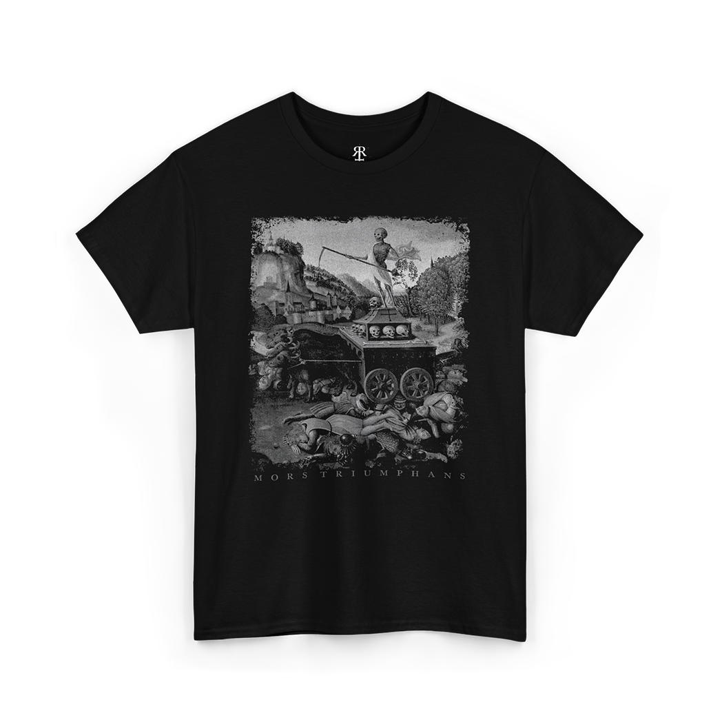 A black T-shirt featuring a medieval art-inspired design with a print of skeletons, death, and destruction.