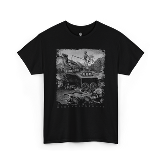A black T-shirt featuring a medieval art-inspired design with a print of skeletons, death, and destruction.