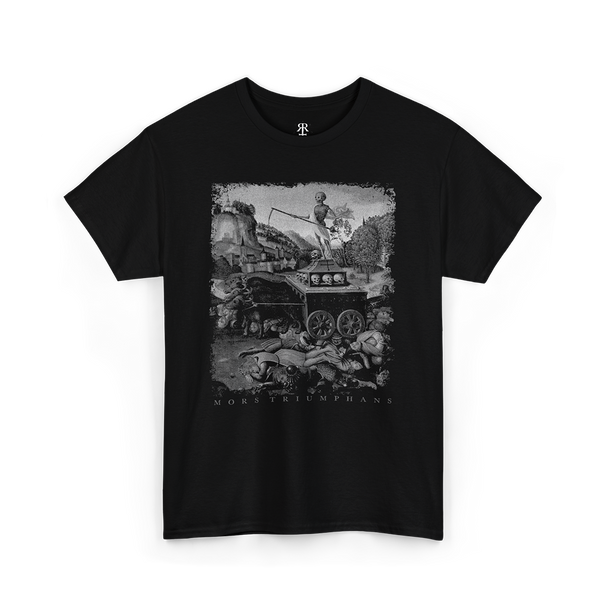 A black T-shirt featuring a medieval art-inspired design with a print of skeletons, death, and destruction.
