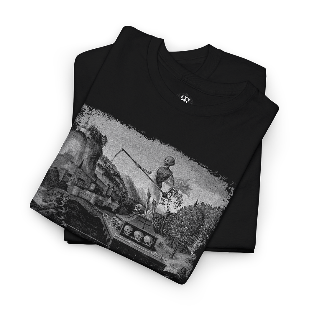 A black T-shirt featuring a medieval art-inspired design with a print of skeletons, death, and destruction.