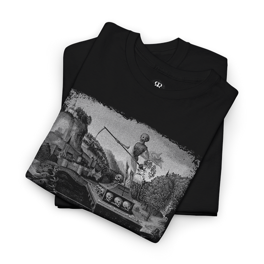 A black T-shirt featuring a medieval art-inspired design with a print of skeletons, death, and destruction.