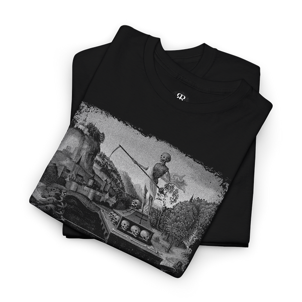 A black T-shirt featuring a medieval art-inspired design with a print of skeletons, death, and destruction.
