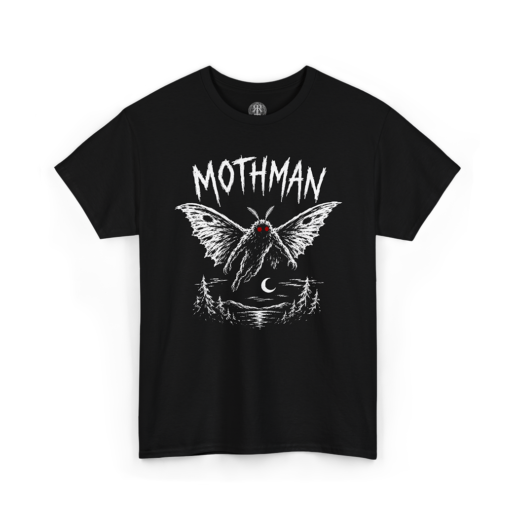 A black short-sleeve crewneck t-shirt featuring a white graphic of a moth with a red jewel on its wing, under the text 'MOTHMAN' and above a moonlit pine tree scene, shown on a plain white background.