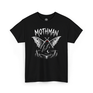A black short-sleeve crewneck t-shirt featuring a white graphic of a moth with a red jewel on its wing, under the text 'MOTHMAN' and above a moonlit pine tree scene, shown on a plain white background.